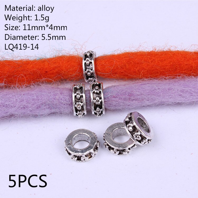 5Pcs Retro Zilver Metaal Haar Vlecht Dread Dreadlock Baard Kralen Ringen Buis Appro 6Mm Binnenste Gat Sieraden Maat 11*9Mm 14 Stijl: NO.6