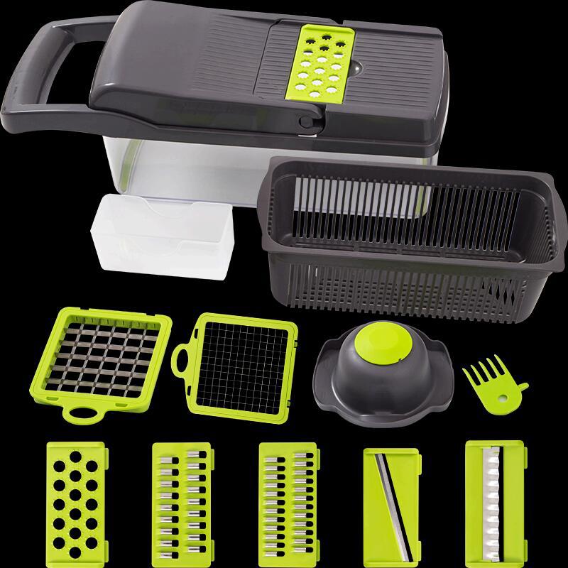 Cortador de vegetais multifuncional, ralador, fatiador de frutas, cesta de drenagem, 8 em 1, acessórios de cozinha, utensílios, imperdível
