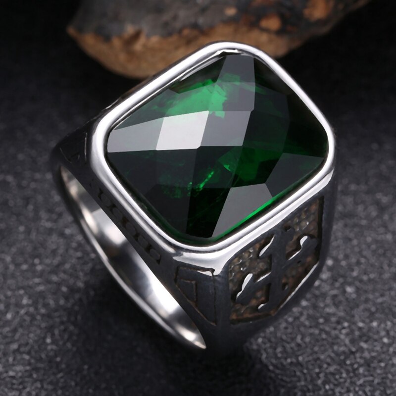 Retro Cross Pattern Green Zircon Stainless Steel Male Ring Charm Men's Accessories Jewelry Anniversary Party JZ0007