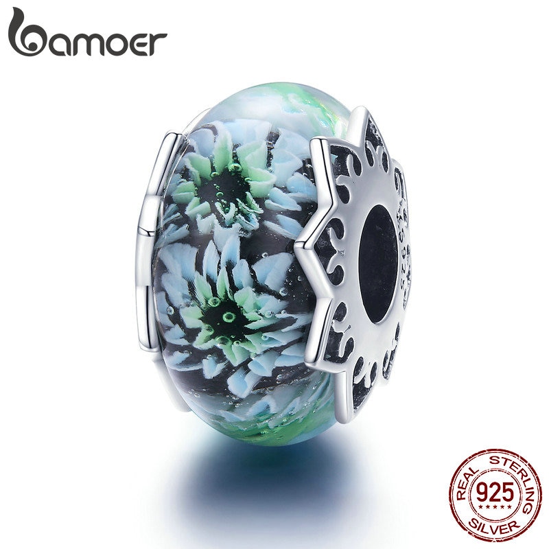 BAMOER 100% 925 argent Sterling chrysanthème fleur perles de verre européennes ajustement Bracelets porte-bonheur colliers bijoux SCC1011