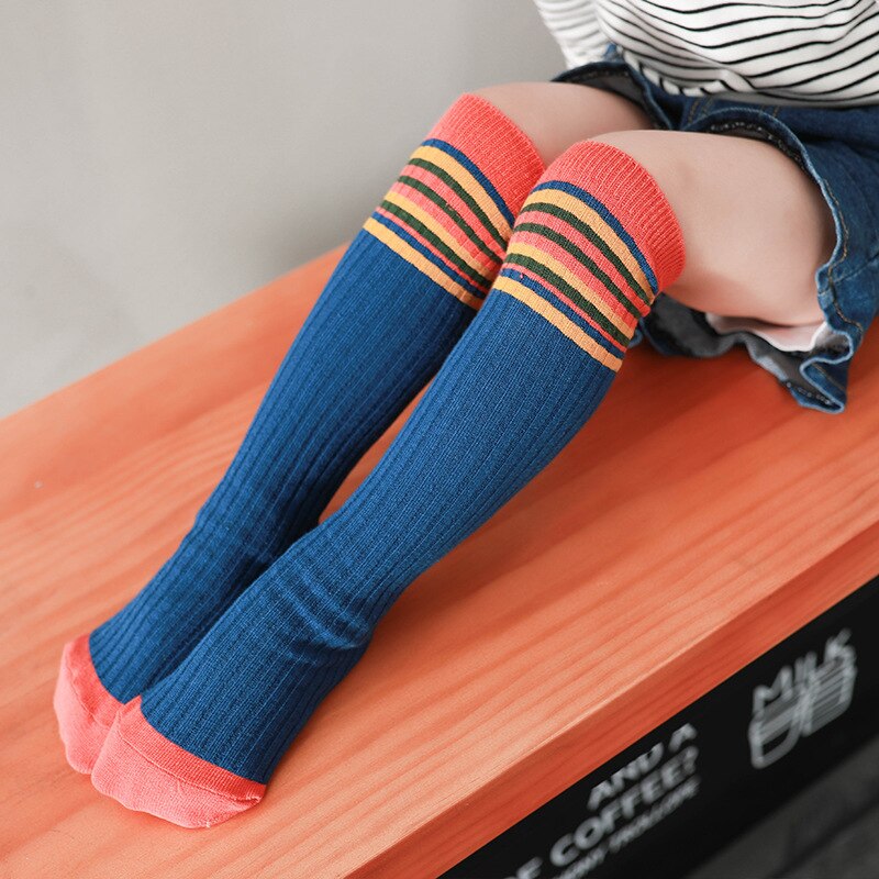 Cotton Girls Boys Football Stripes Socks Baby Kids Toddler Knee High Long Tube Socks Children Sports School White Socks Leg Warm