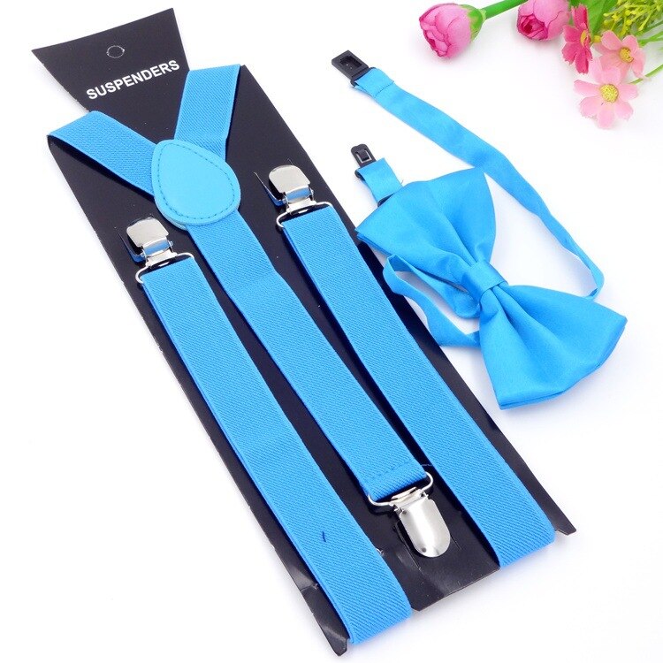 Effen Kleur Man Riem Bowtie Set Mannen Vrouwen Bretels Polyester Y-Back Bretels Twee Kleuren Strikje Verstelbare elastische: Sky blue