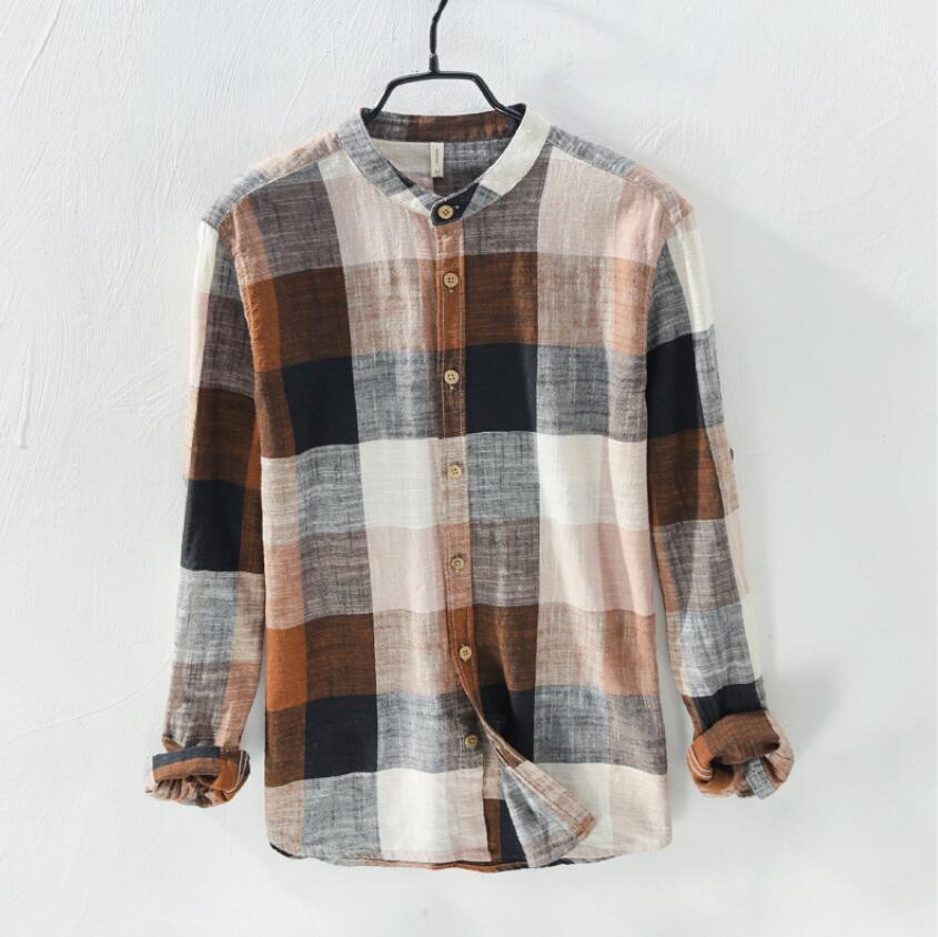 Casual ternet skjorter mænd linned langærmede skjorter meget gode mandlige kjole skjorter: Brun / Xxxl