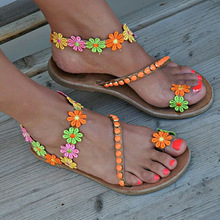 Kvinder boho farvet blomst kryds tå ring flade sandaler til sommer strand sal 99