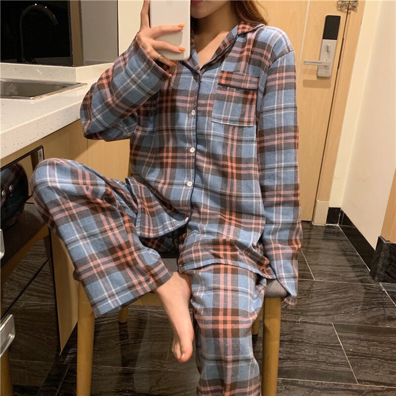 Xifer forår og efterår koreansk version af det børstede gitter komfortabel par pyjamas langærmede bukser home wear sæt