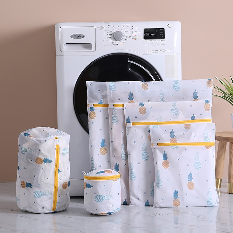 Pineapple Printing Zippered Mesh Laundry Bag Polyester Washing Net Bag For Underwear Sock Washing Machine Clothes Bra Bags
