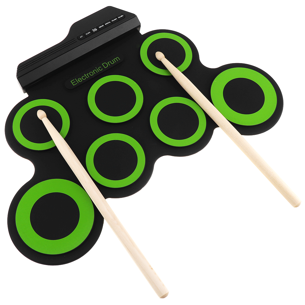 Portable Silicone Electronic Digital USB 7 Pads Roll up Set Green Electric Drum Kit with Drumsticks and Sustain Pedal