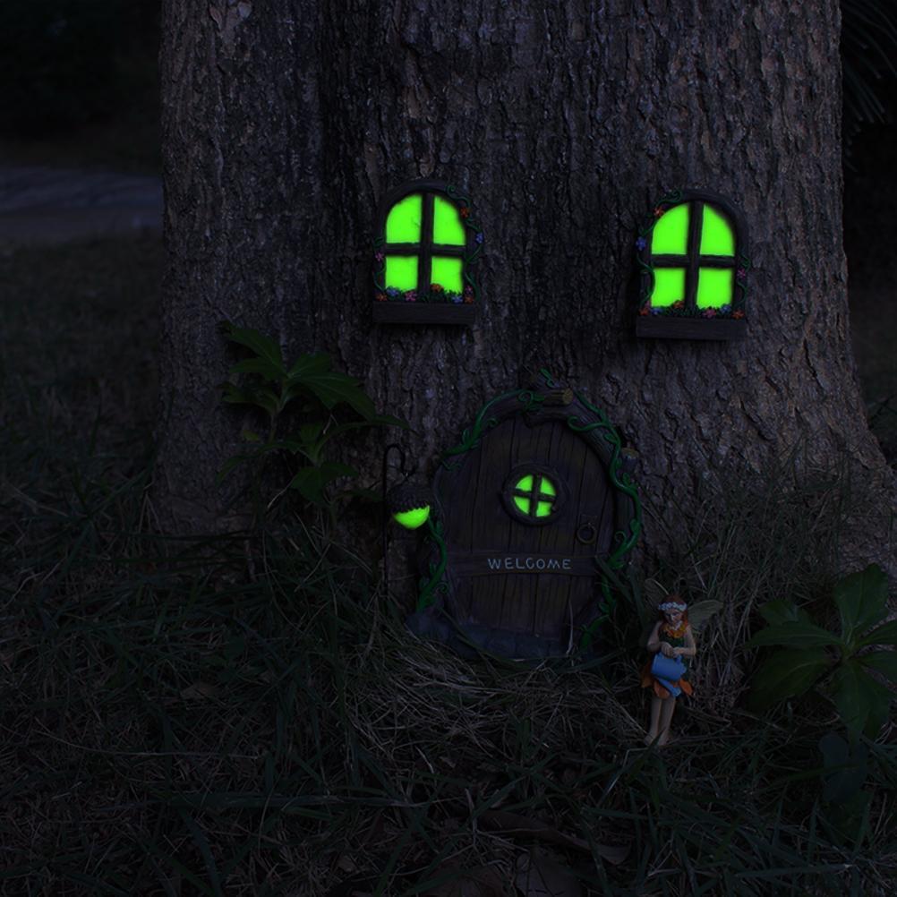Miniature Fairy Elf Home Door Windows and Chandelier Luminous Tree Decor Art Decorations Glow In The Dark