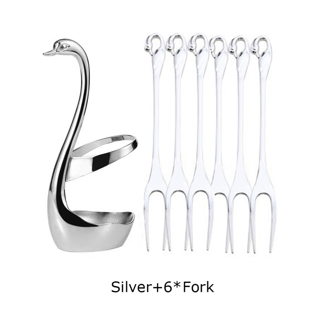 7 Pcs Swan Base Holder Dinnerware Set Stainless Steel Gold Spoon Fork Cutlery Coffee Cake Fruit Salad Dessert Flatware Teaspoon: J