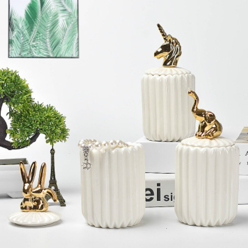 Nordic Storage Bottles Gold Plated Ceramic Cover Glass Jar Color Candy Snack Storage Tank Cartoon Animal Shape Home Decoration