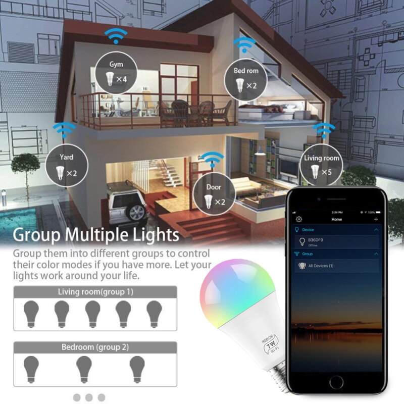 Magic 7W E27 RGB WIFI Led Bombilla inteligente lámpara de automatización del hogar inteligente inalámbrica, 85-265V bombilla Compatible para ALexa Google Home