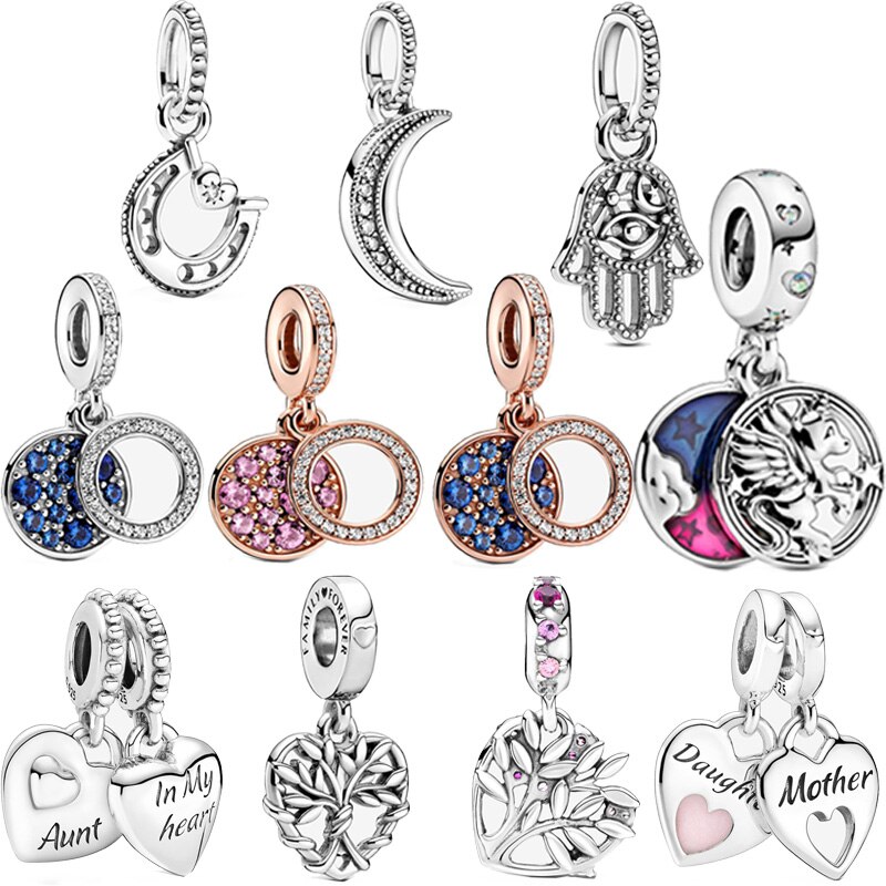 925 Sterling Silver Eye&Heart Beads Magical Unicorn Double, Hamsa Hand Dangle Charm Fit Original Bracelet Women DIY Jewelry