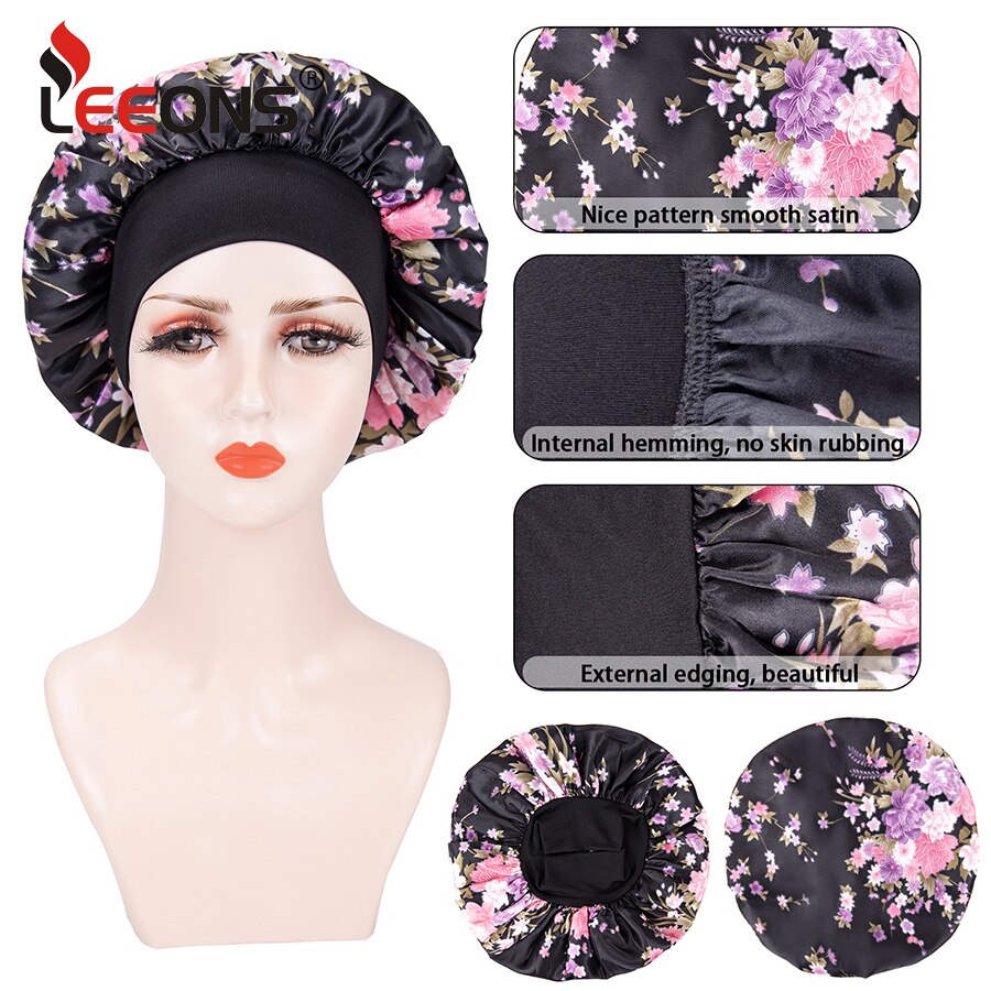 Red Flowers 1 Piece Sleep Cap Satin Bonnet Night Head Cover With Wide Band For Sleeping Soft Hair Silk Bonnet For Women Girls