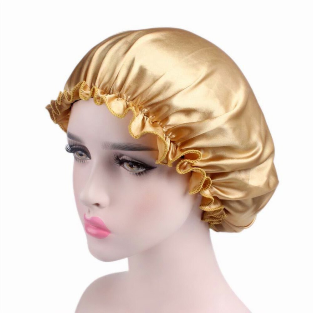Elastic 58cm Women Shower Cap Satin Night Sleep Cap Shower Cap Hair Bonnet Hat Silk Head Cover Wide Elastic Band: Gold Color
