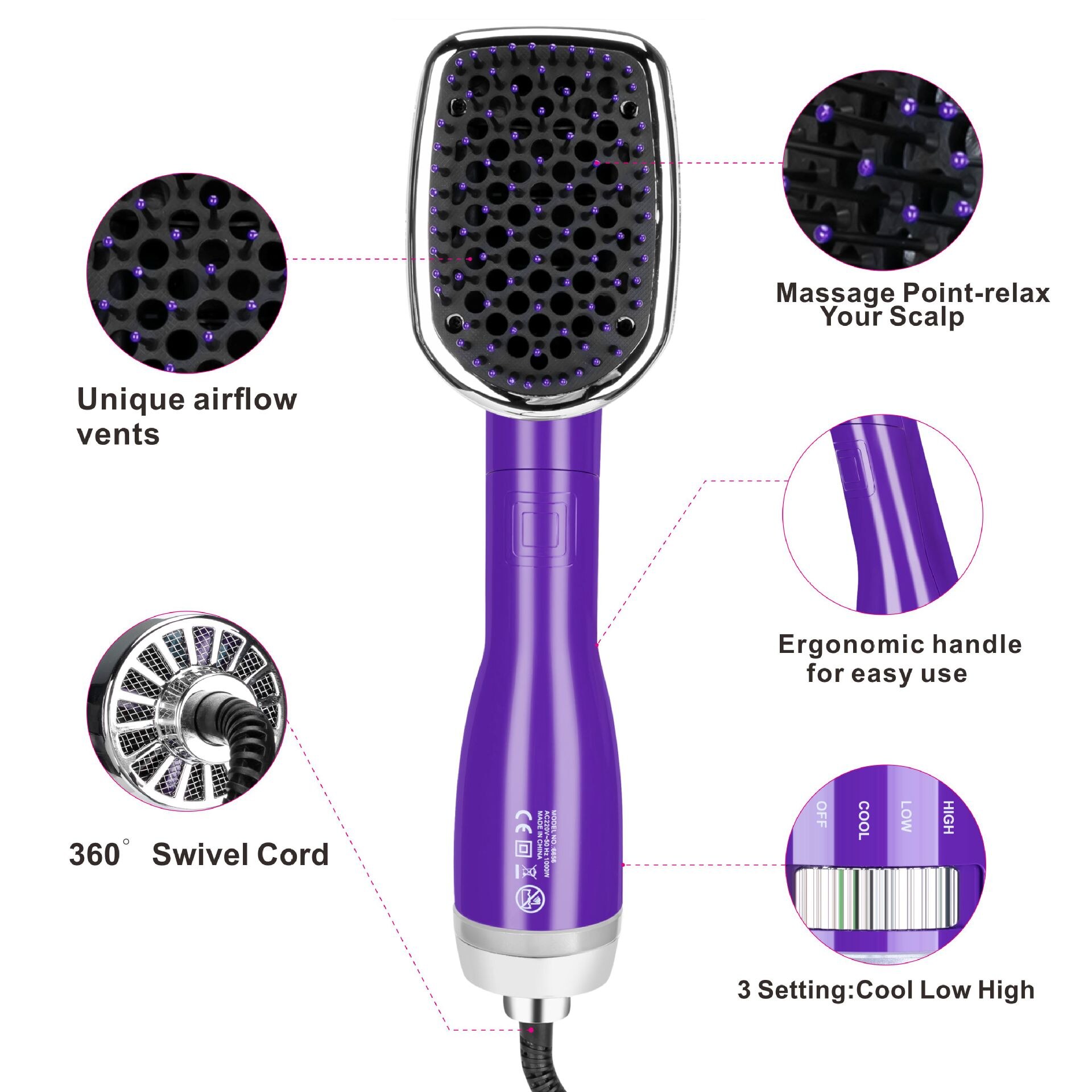 1-trins hårglatning tørretumbler børste til let krøllet hår styling 1000w / kold luft glattejern uden krus turmalin