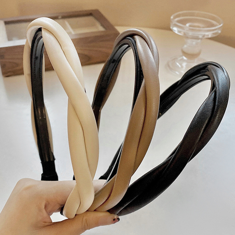 Diadema de cuero PU para mujer, turbante trenzado antideslizante, accesorios para el cabello Vintage, nueva