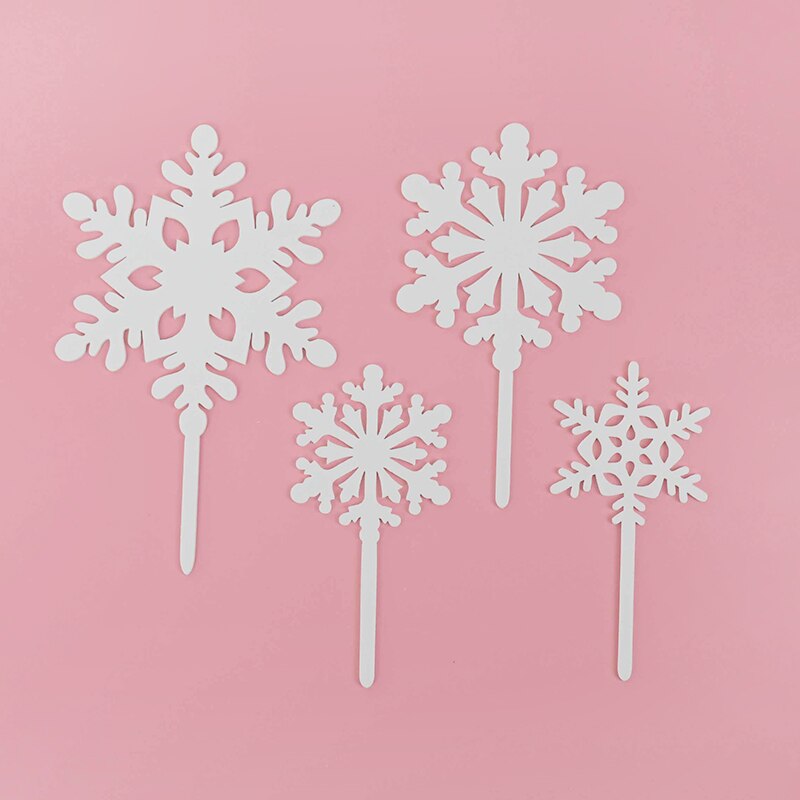 4 stuks/set mix acryl sneeuwvlok taarttopper verjaardagsfeest cupcake topper voor jaar kerstdecoratie taartdecoratie: Wit met stok