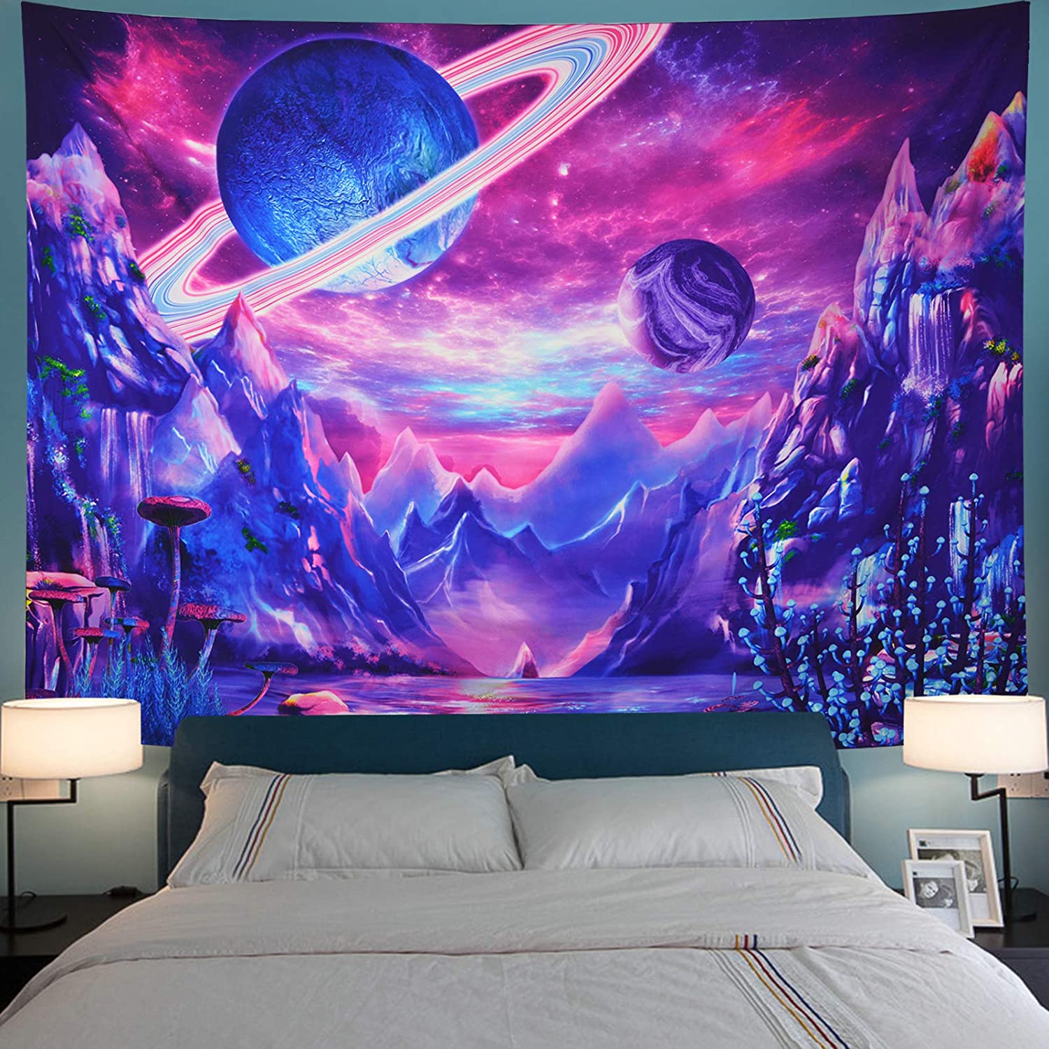 Planeet Tapestry Galaxy Ruimte Tapestry Trippy Mountain Muur Decor Tapestry Zwart Licht Wandtapijten Fantasy Plant Tapestry Tapiz: 230x150cm