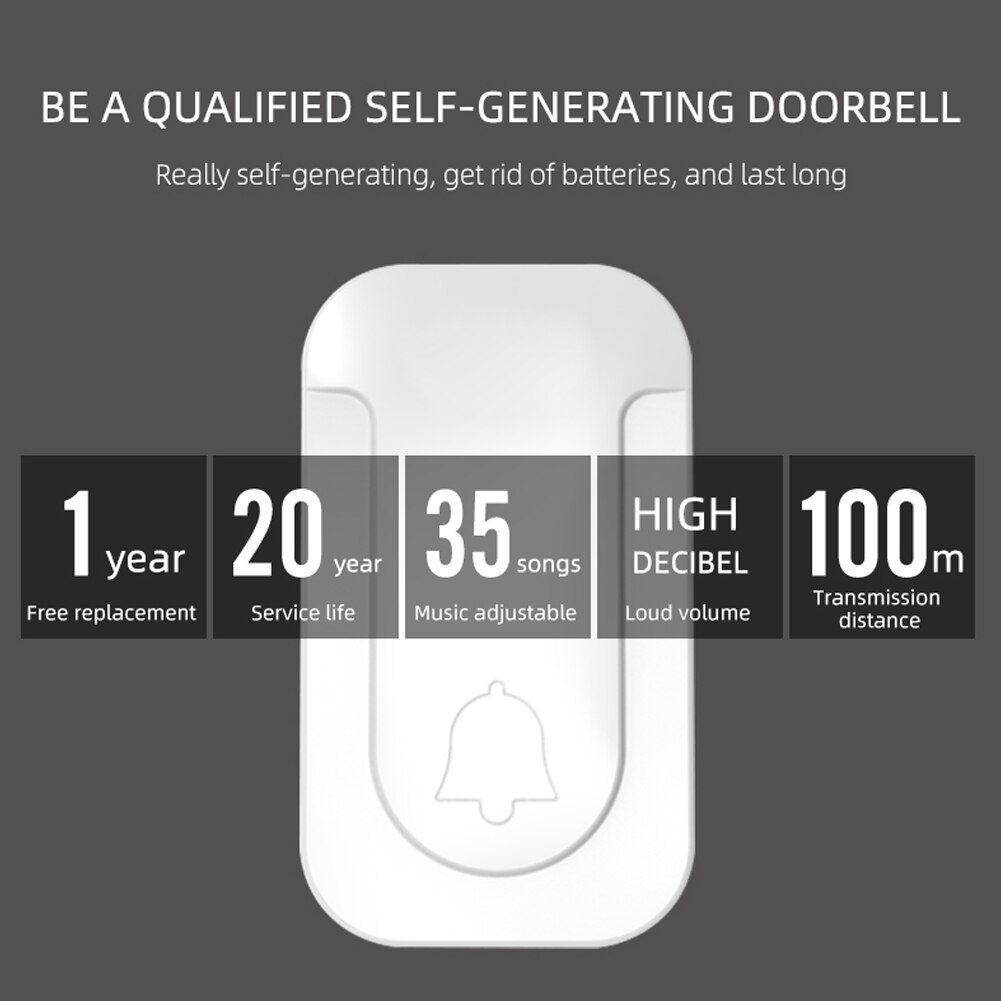 ML-A2 Self Powered Wireless Doorbell Waterproof Smart Door Bell 100m Remote US EU Plug Home Security Protection Accessories
