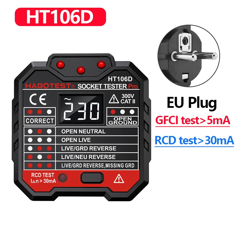 Ht106/ht107 digitale steckdosenprüfgeräte, spannungsprüfer, steckdosentester für us/uk/eu-stecker, erdungs-, nullpunkt-, leitungs- und phasenprüfung, rcd-ncv-tester: Gelb