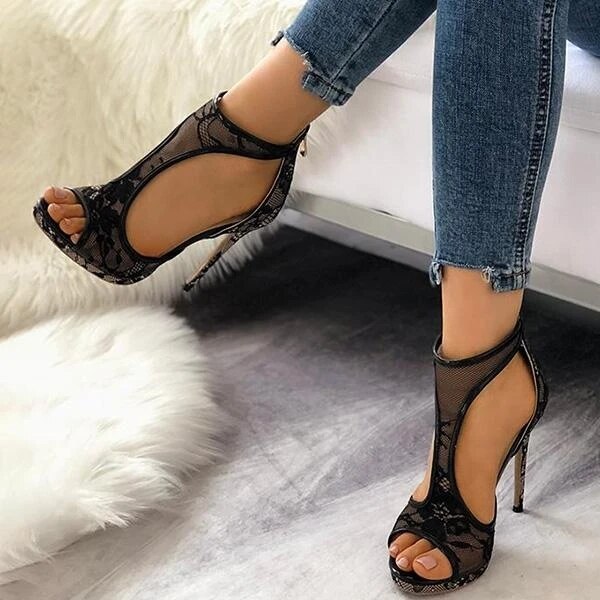 women high heels summer lace peep toe thin heel sandals sexy party wedding cutout casual plus size ladies pumps