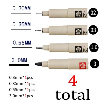 Sakura-aguja de Micron Pigma para dibujo, pluma de gel de tinta para archivo de dibujos animados, para gráfico, arte de animación, 4 Uds.: A