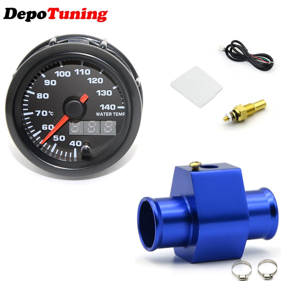 DepoTuning 2'' 52MM Car 7 Colors Led Analog & Digital Water Temperature Gauge 40-140℃ With Water Temp Joint Pipe Sensor Adapter: With 38mm adapter