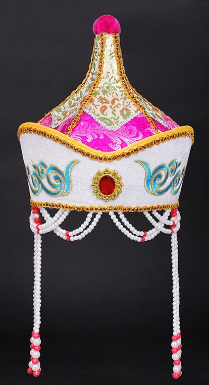 Accessoires de costume mongol pour femmes, chapeau rouge de mongolie, belle casquette de danse sur scène mongole, vêtements de tête de princesse cosplay: Rose red