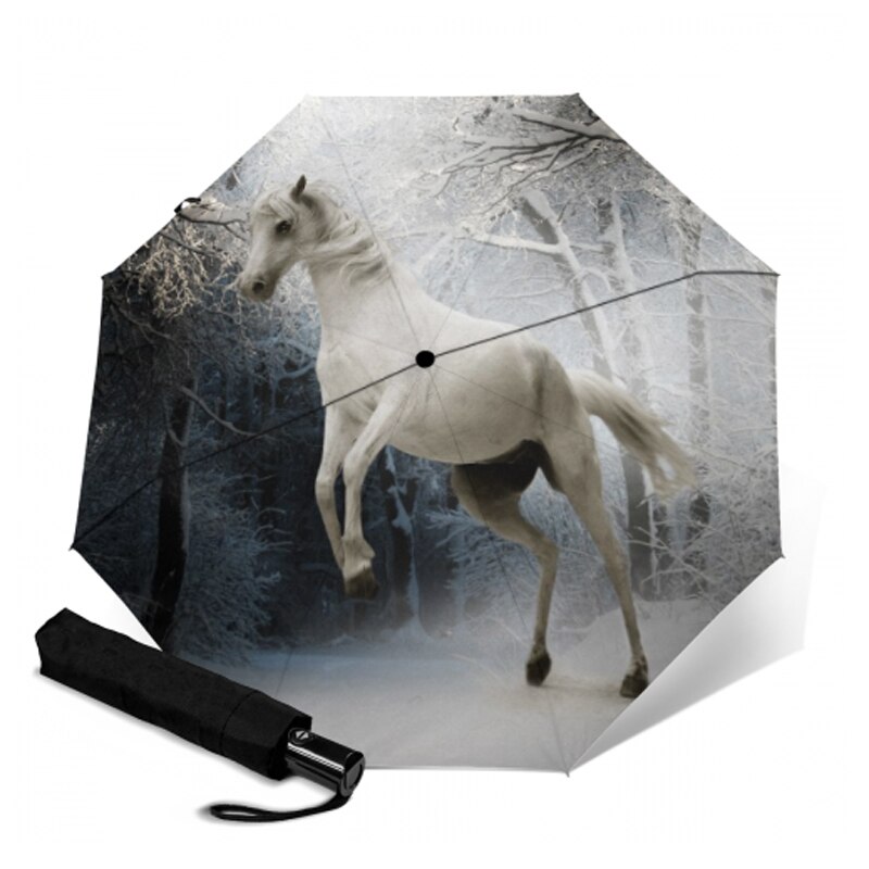 Anti uv drie opvouwbare witte paardenpatroon paraplu dieren schilderij pongee zonnige en regenachtige paraplu's mannen en vrouwen kunstparasol: Ysa 1458