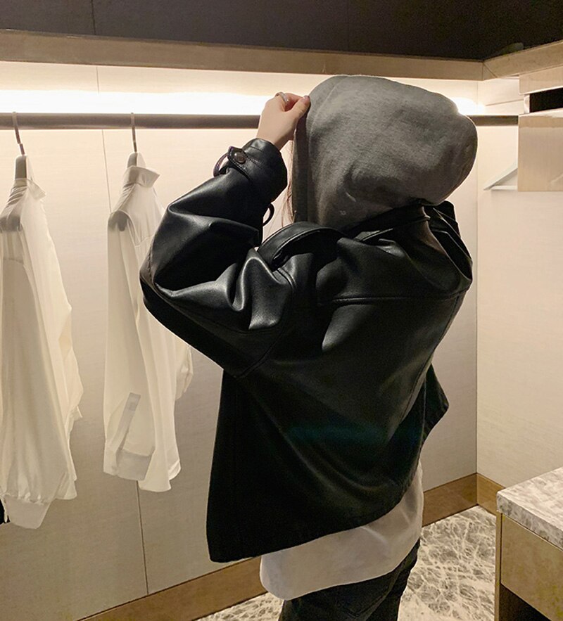 Aelegantmis oversized kvinder sort pu læderjakke løs hætte i imiteret læder jakke dame basic casual frakke  y2k overtøj