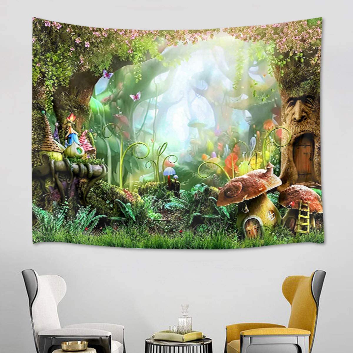Fairy Tale Forest Tapestry Wall Hanging Magic Mushroom and Trees Wall Tapestry Spring Scenery