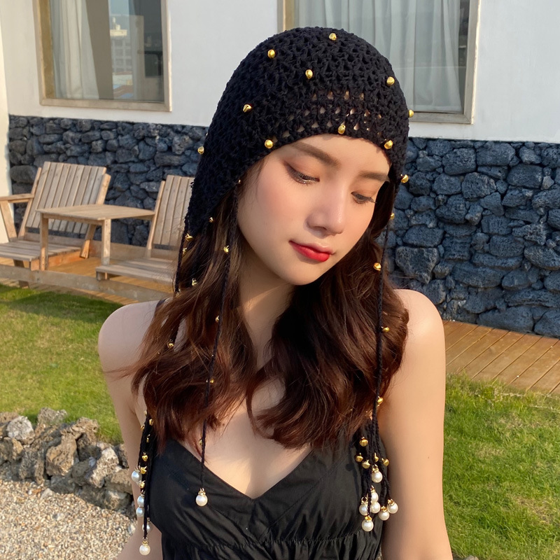 Gorro de punto de para mujer, gorro de ganchillo con perlas, Vintage, con borlas, para todas las estaciones, ZZ-386