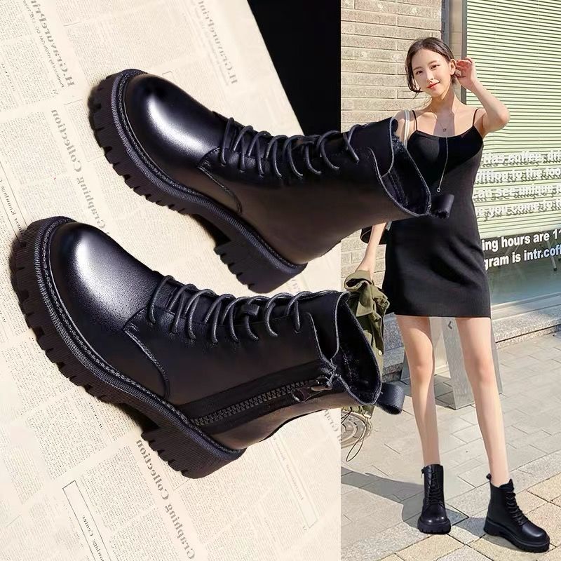 Bottes martin à semelles épaisses pour femme, chaussures courtes de Style britannique, en coton et velours, hiver