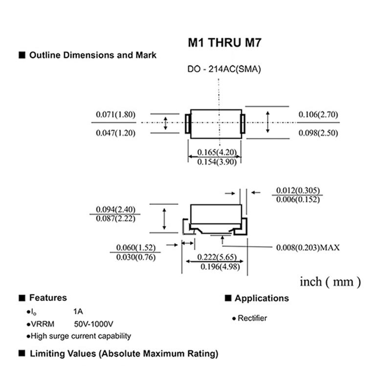 50Pcs SMD Rectifier Diode DO-214AC M7F M7 M4 M2 M1 1A 50V 100V 200V 400V 600V 800V 1000V SMA Electronic Silicon Diodes