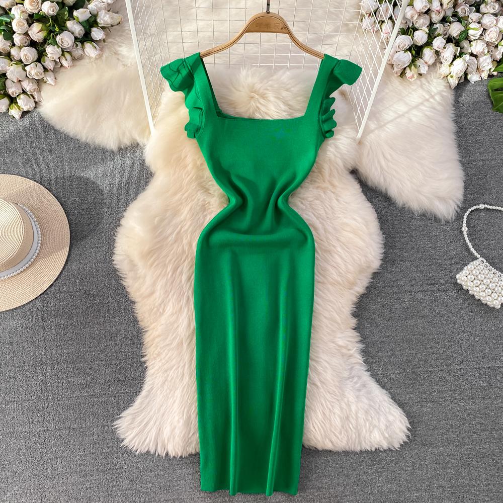 REALEFT Summer Women's Knitted Strapless Dresses Knitwear Sheath Bodycon Wrap Red Sexy Dress Female: green