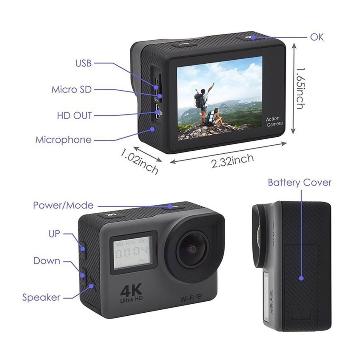 Actiecamera full hd allwinner 4k 30 fps 60 fps wifi 2.0 " scherm mini helm waterdichte sport dv-camera waterdichte dvr-camera