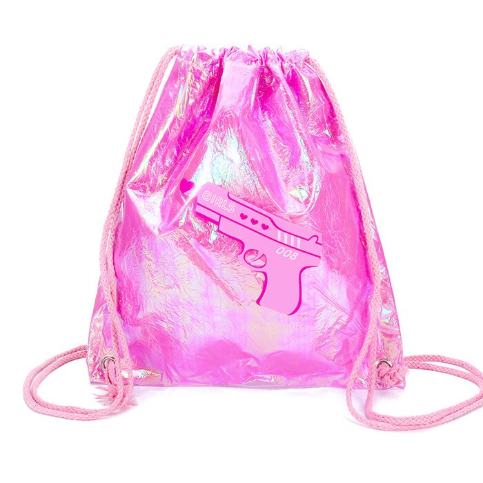 PVC sacs à cordon pour femmes bonbons couleur gelée sac de plage belles filles voyage sacs à dos brillant hologramme cartable: pink