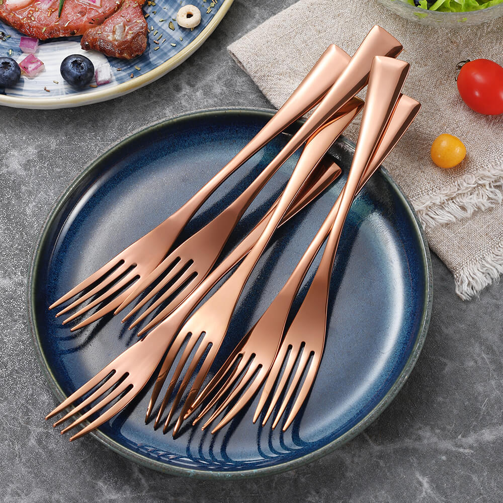 Juego de tenedor de cena de acero inoxidable, 4 colores, negro, oro rosa, tenedor para postre, vajilla, pulido con espejo, apto para lavavajillas, 6 uds.
