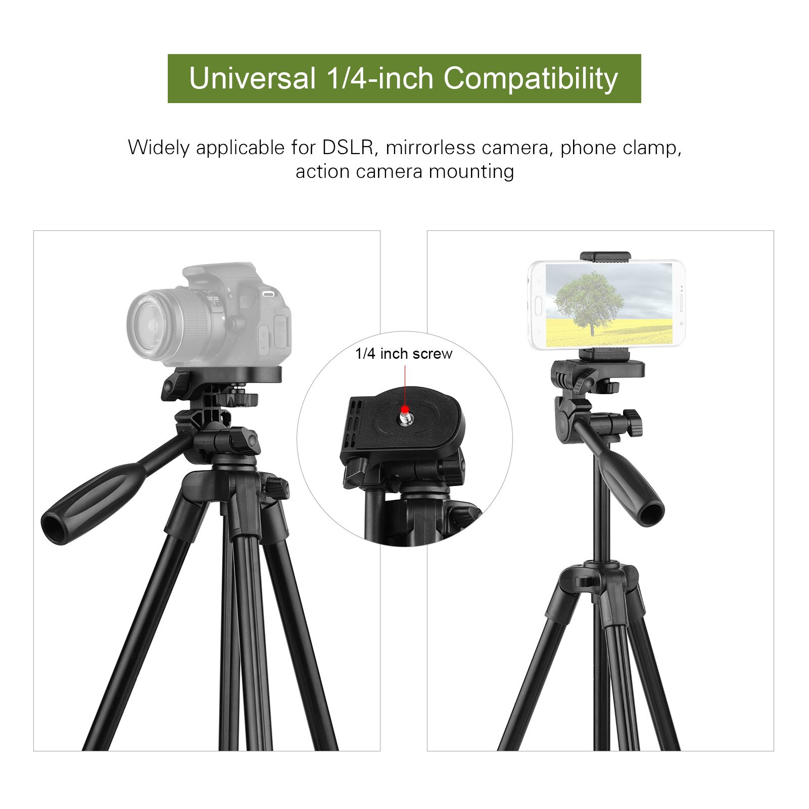 Adjustable Height Tripod Stand Aluminum Alloy 115c 3-Section 3KG Payload 3-Way Head 1/4 Mounting with Bubble Level Phone Clamp