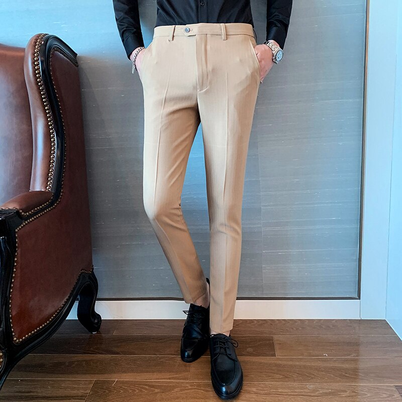 Garnitur spodnie męskie kostki w stylu jednokolorowe ślubne Pantalon męskie spodnie wizytowe nowe modne biznesowe oficjalne garnitury męskie spodnie