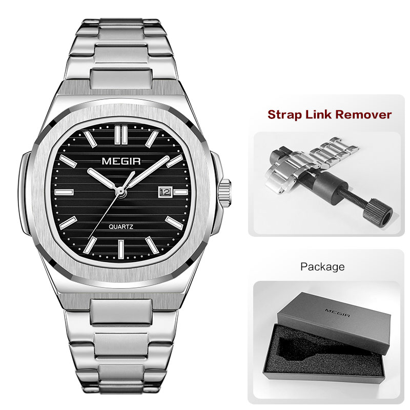 MEGIR Klassische Herren-Kleideruhr mit goldenem Edelstahlband, ovales grünes Zifferblatt, wasserdichte Quarz-Armbanduhr mit leuchtendem Zeiger: Silber