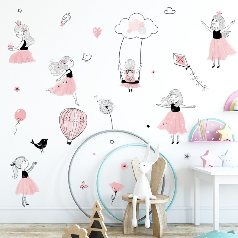 Pink Princess Playing Wall Stickers Cartoon Girl Vinyl Wall Decals for Children Baby Room Bedroom Decoration Girl Stickers Mural