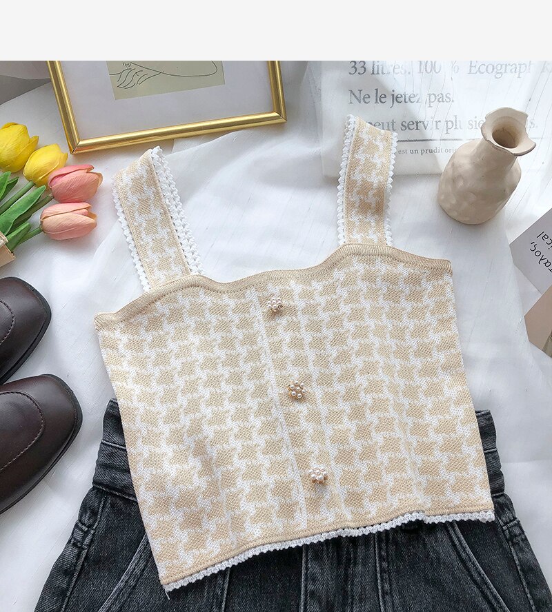 Oudea – débardeur à bretelles en pied-de-poule pour femme, haut court décontracté avec boutons en perles, Vintage, boîte Picto Edge, été: style 1 apricot