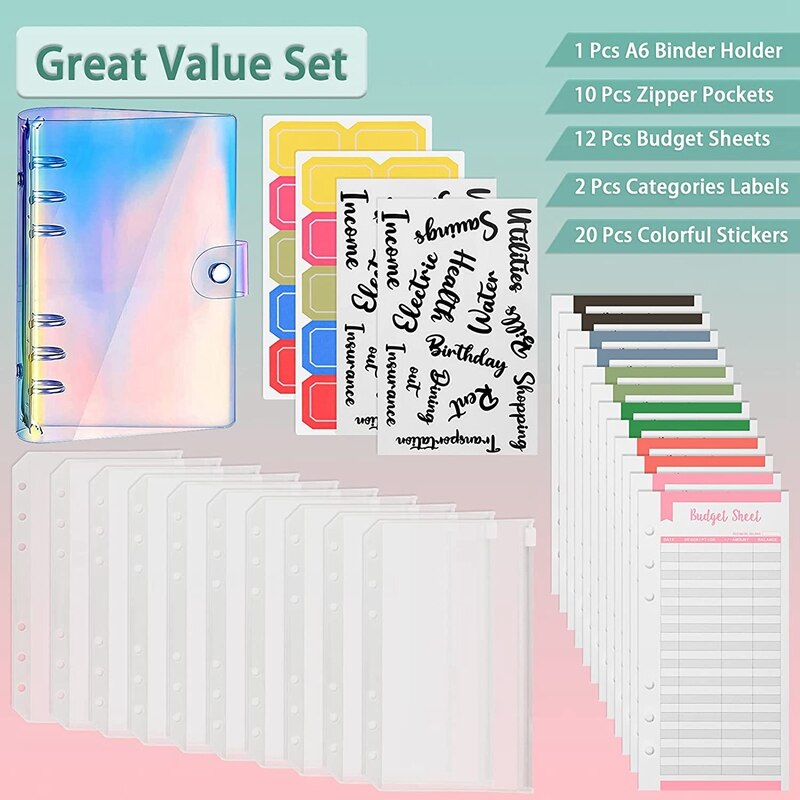 A6 Budget Binder Soft PVC Notebook 6-Ring Cover Planner Organizer with Budget Envelopes Sheets Pockets and Letters Label