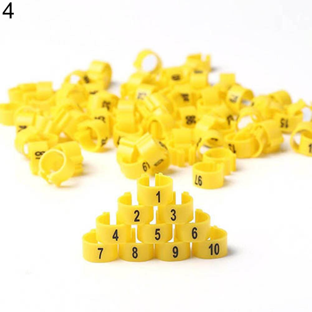 Bird Leg Ring 100Pcs Bird Poultry Parrot Chicks Plastic 1-100 Numbered Pigeon Leg Bands Rings: Yellow