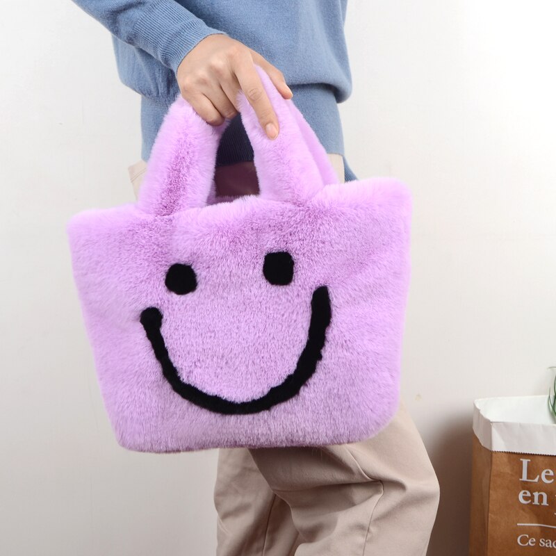 bolso de viaje de de invierno, bolso de mujer sonriente de felpa de invierno, bolso de cadena grande, bolso de mensajero, bolso de cuero suave cálido: Violet