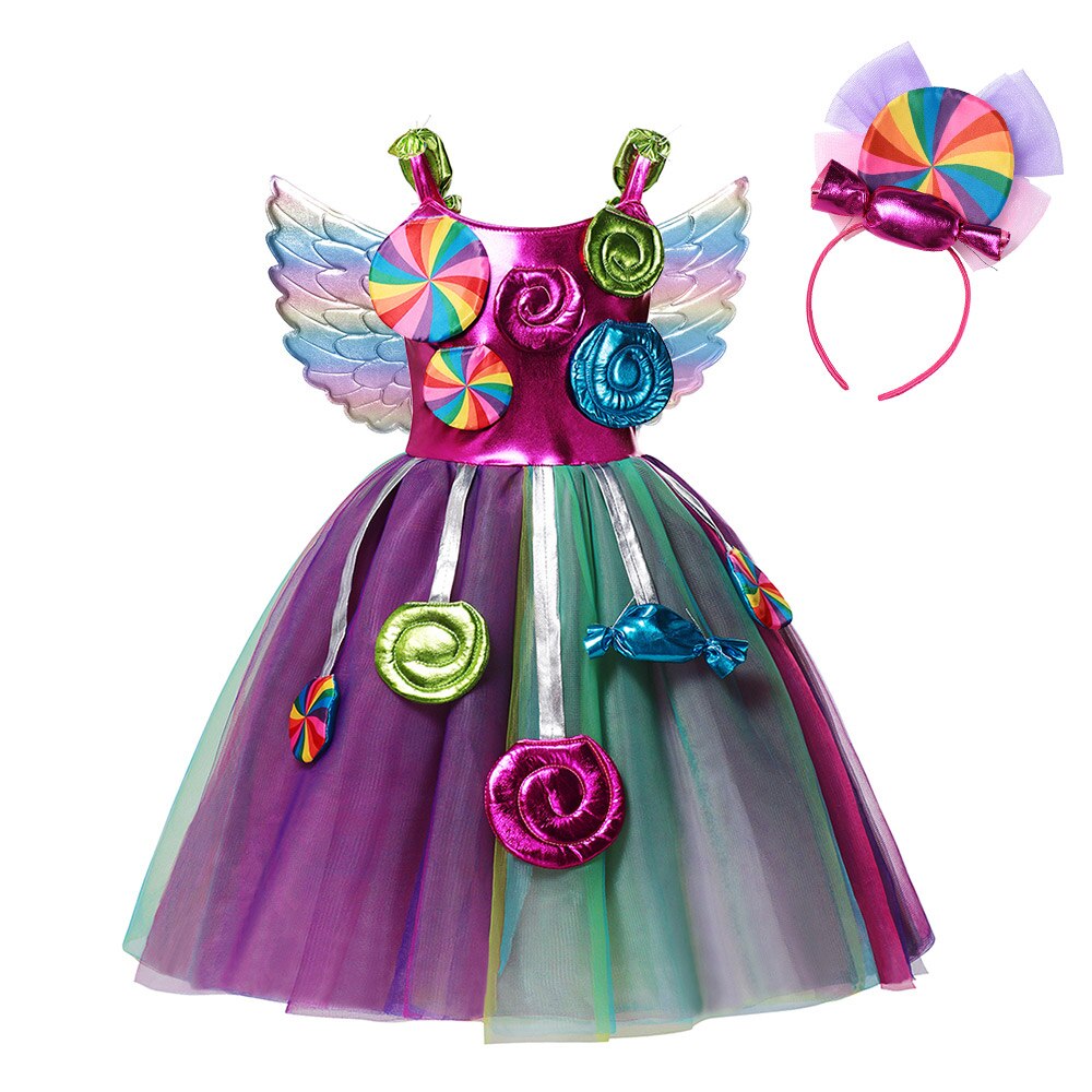 Sweet Candy Girl Clothes Summer Kids Carnival Frock Little Girl Birthday Fancy Rainbow Tutu Dress with Hairband Child Party Gown