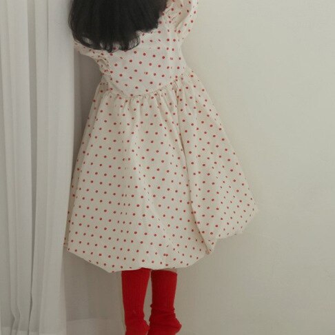 Efterår koreansk børnetøj piger prikker pust ærme rund hals afslappet kjole