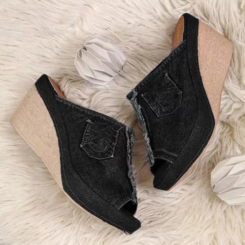 Lady slope sandaler kvinnor platå sandaler sommar kvinnlig fisk mun plattform höga klackar wedge skor: Svart / 43