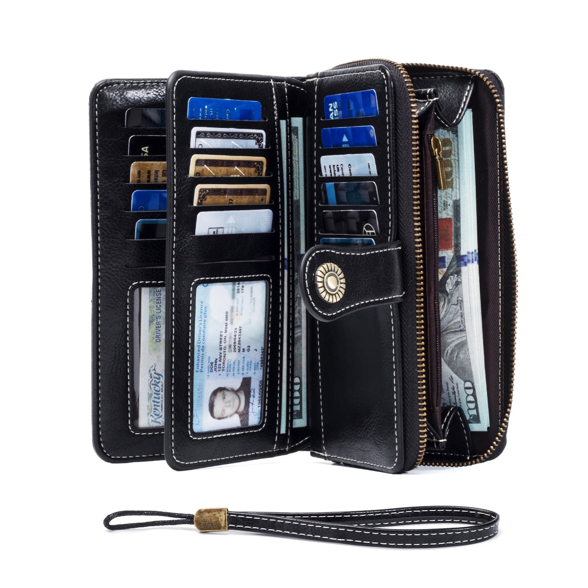 Rfid Anti-Theft Wallet for Men and Women, European and American Retro Leather Long Wallet Clutch, Oil Wax Leather Cut Out Multi-Card Slot Wallet, Large Capacity Zipper 70% off Clutch Bag, Card Holder Coin Purse Hand Bag: black